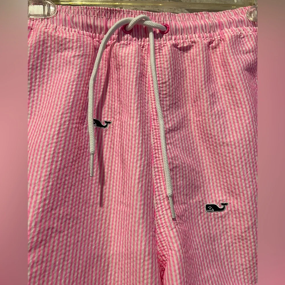 Vineyard Vines Pink Striped Swim Trunks Seersucker Whale Logo Pockets Drawstring